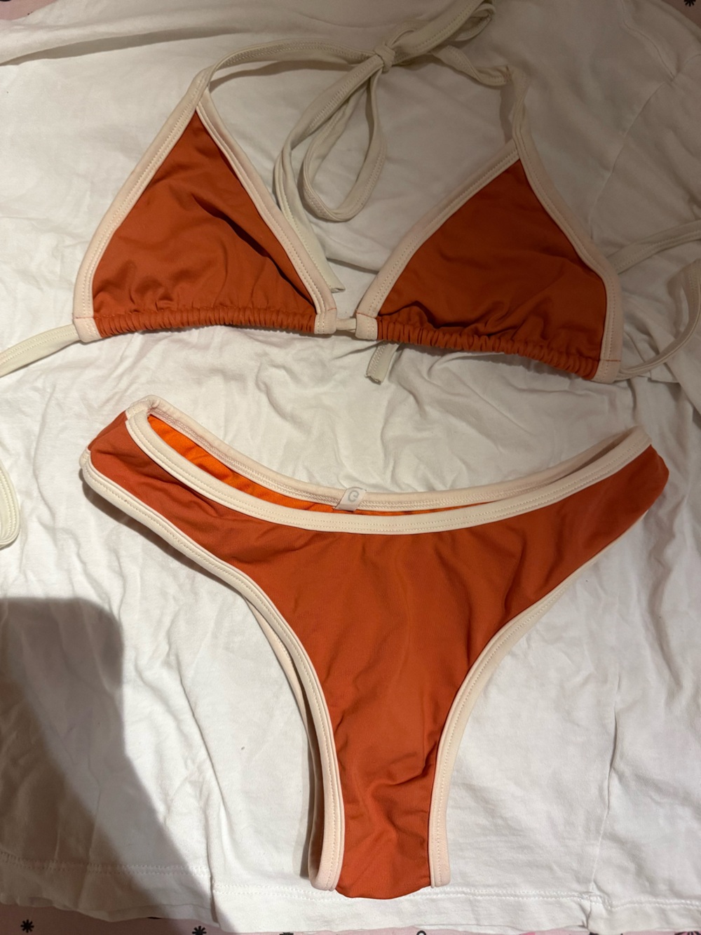 Brazilian Rust Orange Bikini Set with Cream Trim